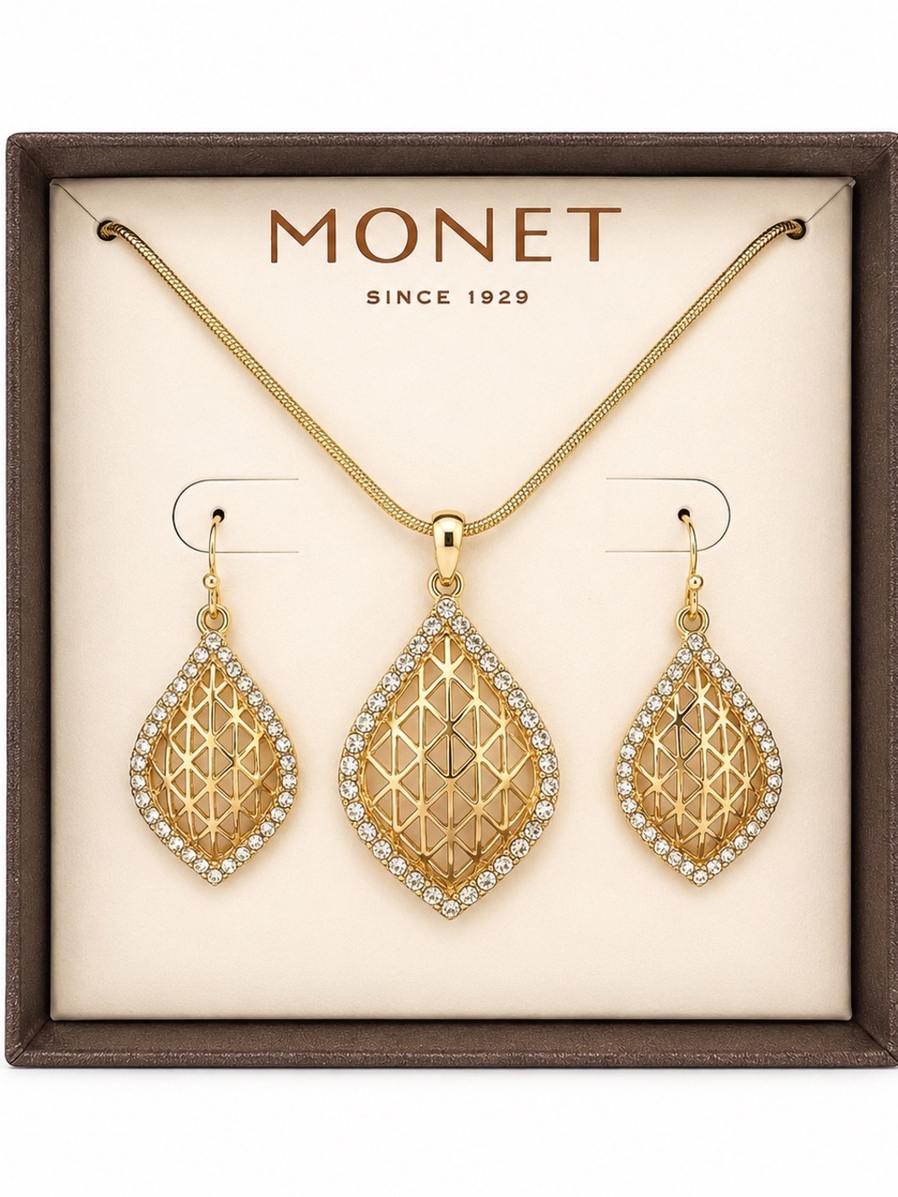 Monet Gold Tone Crystal Lattice Teardrop Necklace Earrings Gift Set
